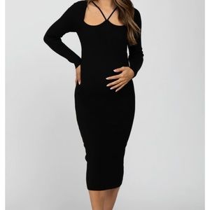 Black Ribbed Strap Front Cutout Maternity Midi Dress